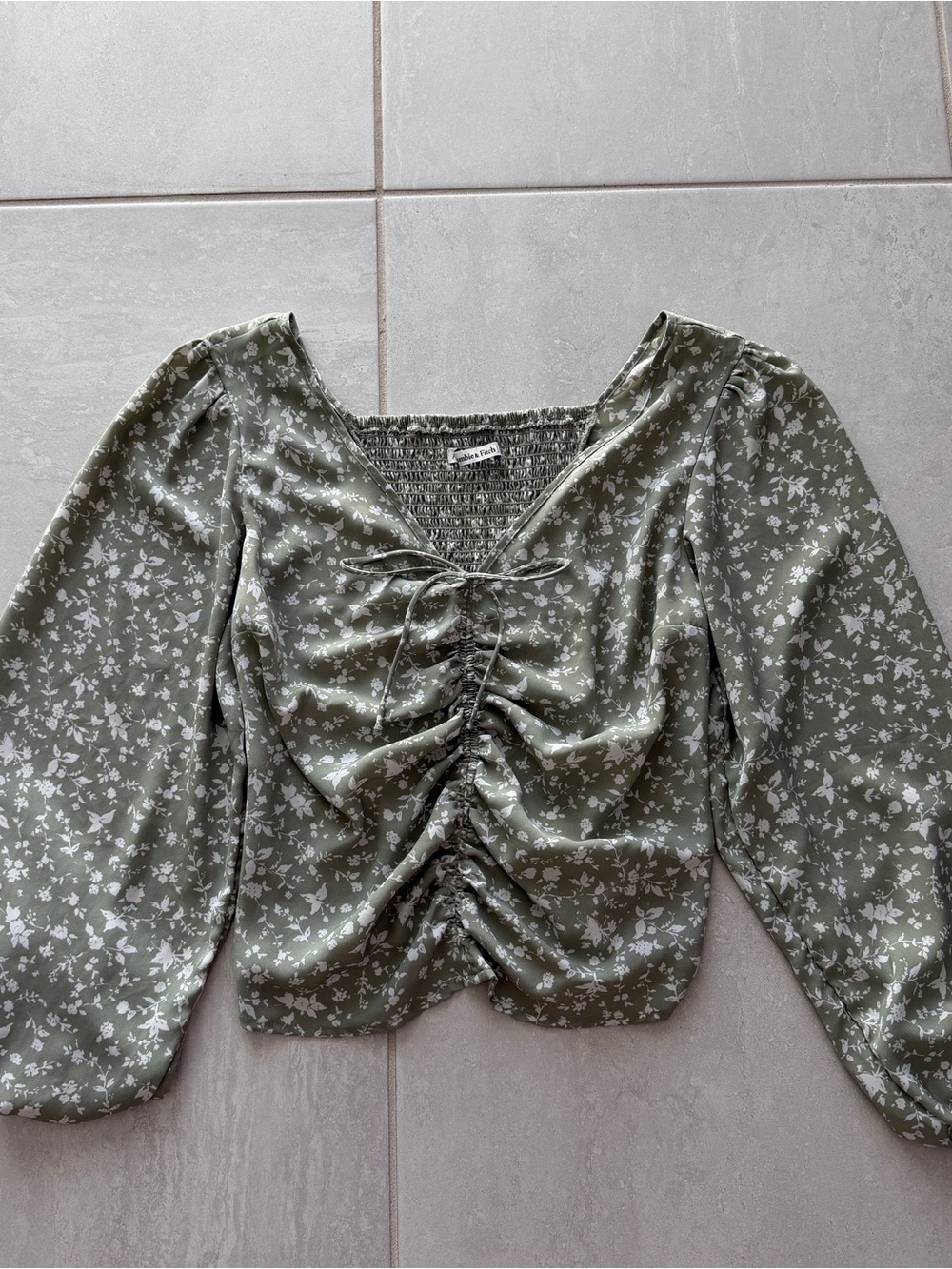 Abercrombie & Fitch Olive Green Floral Ruched Tie-Front Blouse
